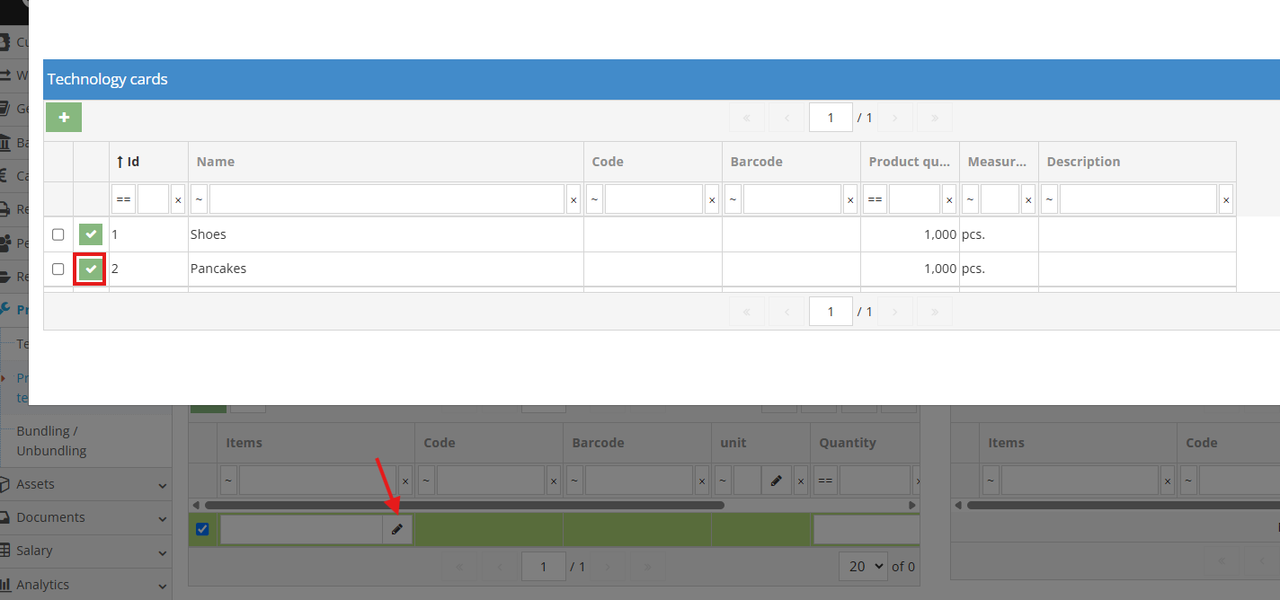 Selecting a technological card for a product